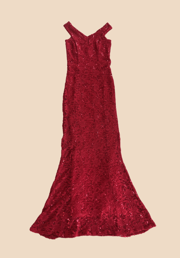 Elegant Red Lace Off-Shoulder Mermaid Gown with Sequin Details