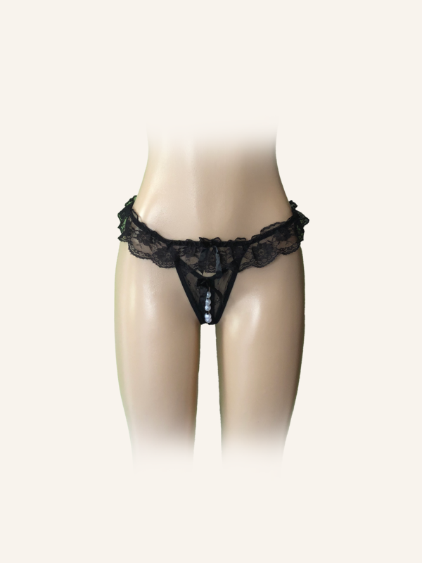 Black Pearl-Embellished Lace Thong